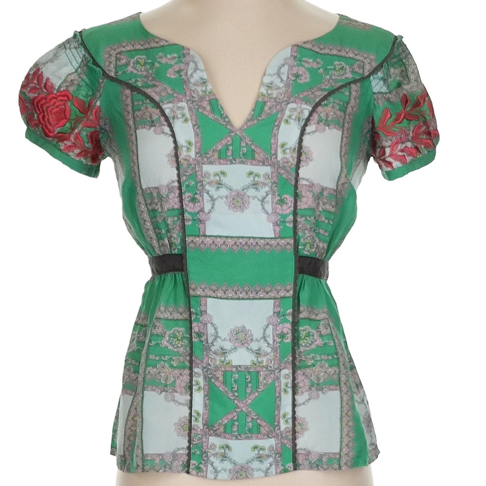 100% Silk, Anthropologie embroidered Blouse Green and Red Women's Top
